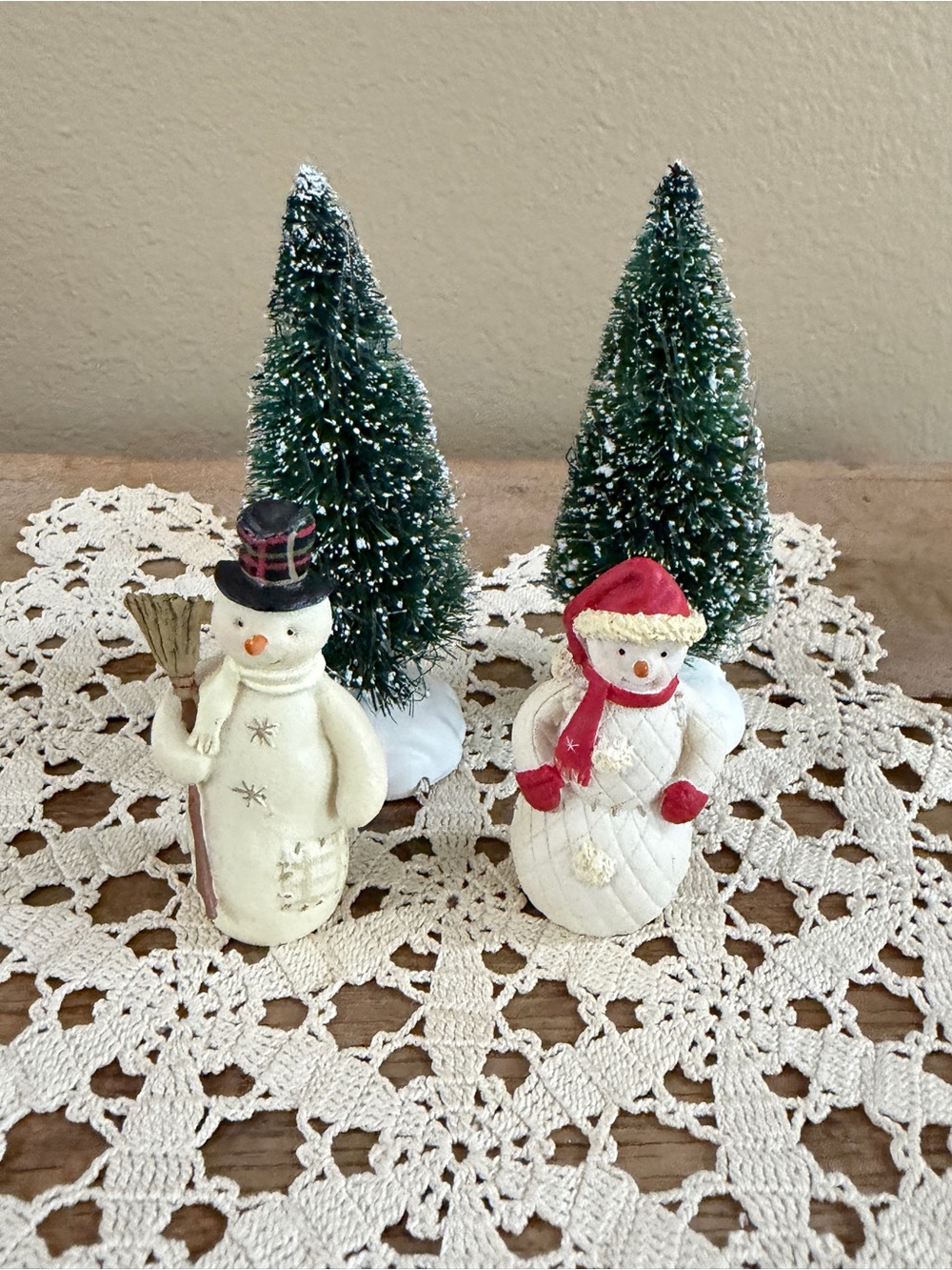 Hallmark White Snowman Figurine Pair with Red and Green Accents & Trees